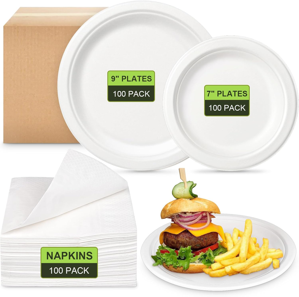 1200pcs Paper Plates and Napkins Set (7"+9" Fiber plate+6.5" napkin white 100pcs）