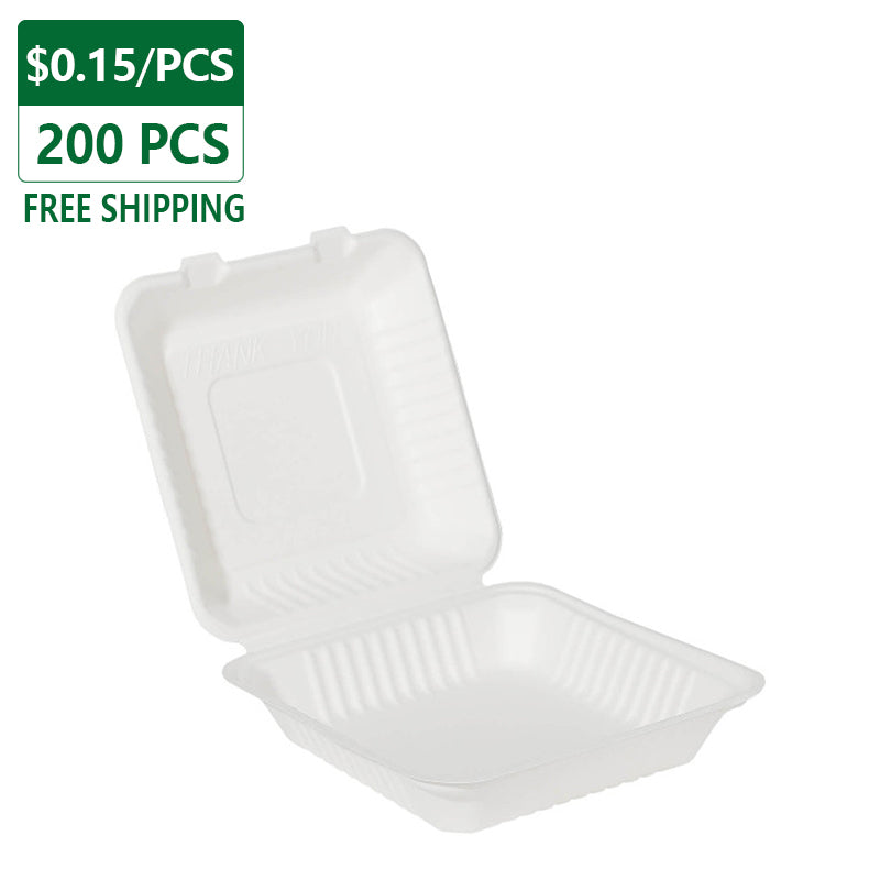 9"x9"x3" Eco Sugarcane Hinged Take Out Clamshell Containers 200 pcs