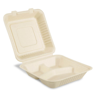 8" 3 Compartment Clamshell Food Containers Natural  400 pcs