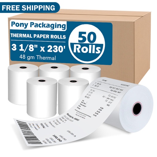 [TP318-230] 3 1/8" x 230' Thermal Paper POS Receipt Paper Rolls BPA Free 50 Rolls