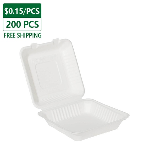 [FCS91W 200pcs] 9"x9"x3" Eco Sugarcane Hinged Take Out Clamshell Containers 200 pcs